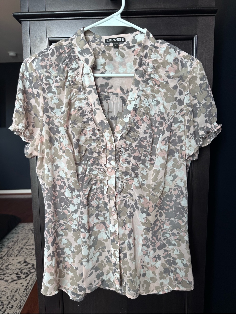 Express Floral Ruffle Front Short-Sleeve Blouse - Blush, Taupe, White